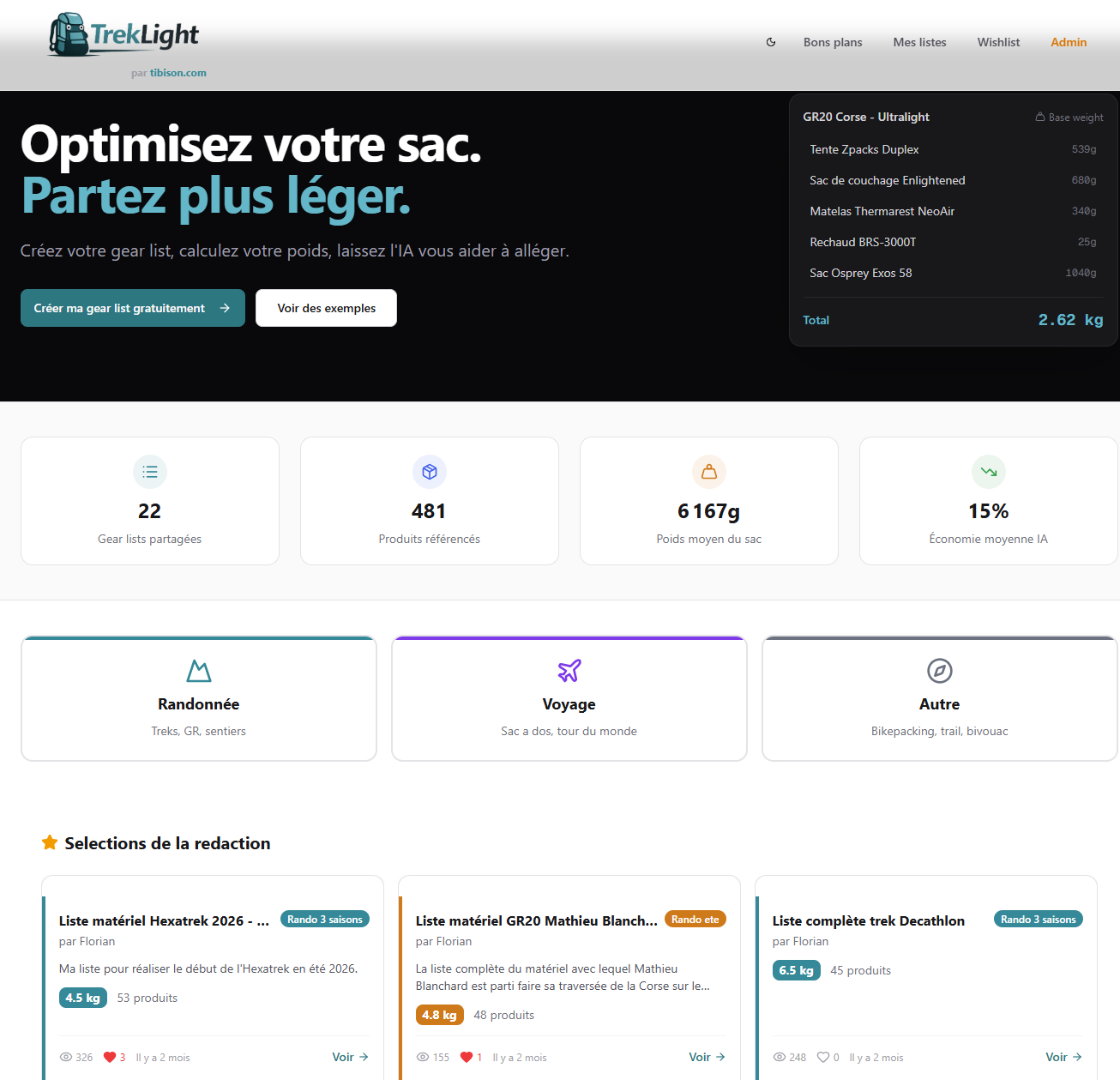 Interface de Treklight, l'alternative française à Lighterpack